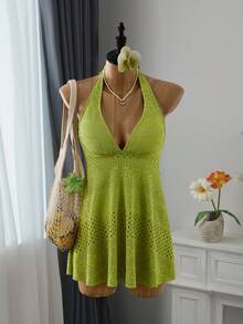 Bellisia Vestido de playa con escote halter bordado en verde, adecuado para vacaciones de primavera/verano - Verde - Ver 1