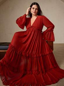 Aveloria Rosie Vintage rot-braunes Chiffon V-Ausschnitt Rüschenärmel Kleid, rot-braunes Chiffon 3-lagiges Rüschen-Saum V-Ausschnitt Rüschen-Design Kleid, elegant & anspruchsvoll, geeignet für Arbeit oder formelle Anlässe, schmeichelhaftes Kleid in Große Größen - Rot - Übersicht 1