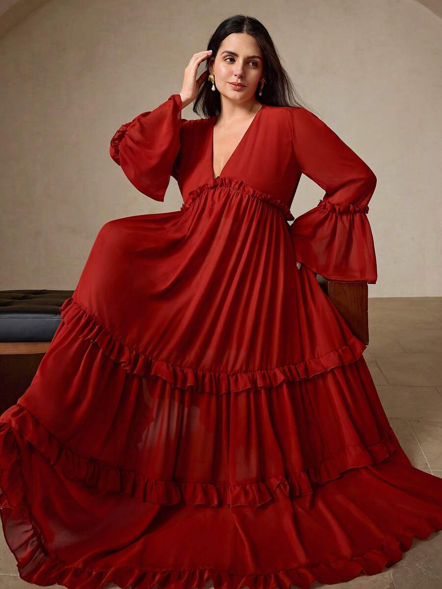 Aveloria Rosie Vintage rot-braunes Chiffon V-Ausschnitt Rüschenärmel Kleid, rot-braunes Chiffon 3-lagiges Rüschen-Saum V-Ausschnitt Rüschen-Design Kleid, elegant & anspruchsvoll, geeignet für Arbeit oder formelle Anlässe, schmeichelhaftes Kleid in Große Größen - Rot - Übersicht 1