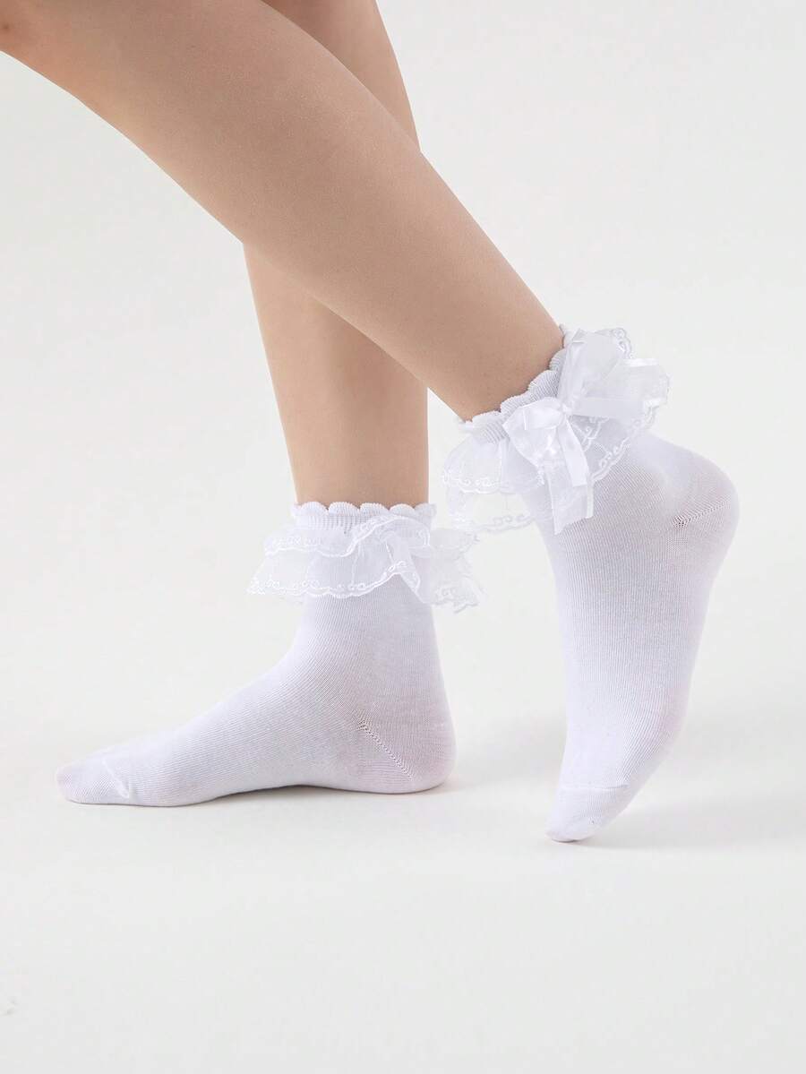 ROMWE Kawaii 1雙女款純白甜美蘿莉塔蕾絲蝴蝶結中筒襪,搭配女款Lo裙制服的可愛裝飾襪 - 白色A1 - 查看 1