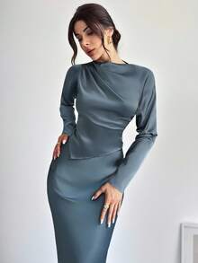 Firerie Women's Elegant Office Commute Blue Satin Long Sleeve Pleated Collar Irregular Hem Blouse And High Waist Pleated Maxi Skirt Set, Romantic, Date, Party, Wedding Season, Graduation Dress, Formal Ball - Blue - View 6