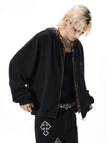 ROMWE MEN Street Life Sweatshirt Hoodie Pria Motif Leopard dengan Tudung Ganda - Hitam - View 4