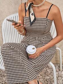 Cévolie Women's Vintage French Houndstooth Crop Top & Wide Leg Pants 2 Pieces Set, Spring/Autumn - Brown - View 8