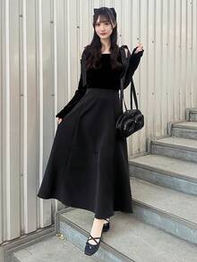 FRIFUL 女士露肩蝴蝶结肩带装饰天鹅绒拼接腰部长袍，优雅长袍礼服春季吊带裙 - 黑色 - 查看 3