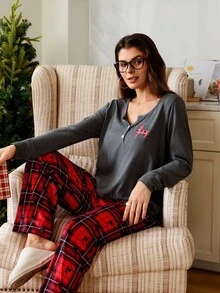 Lazeform Christmas Reindeer Plaid V-Neck Long Sleeve Top & Pants Women Casual Pajama Set, Fall Winter Clothes - Multicolor - View 8