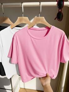Comfortcana 3pcs/Set Plus Size Basic Crew Neck Short Sleeve Colorful T-Shirts - Pink - View 6