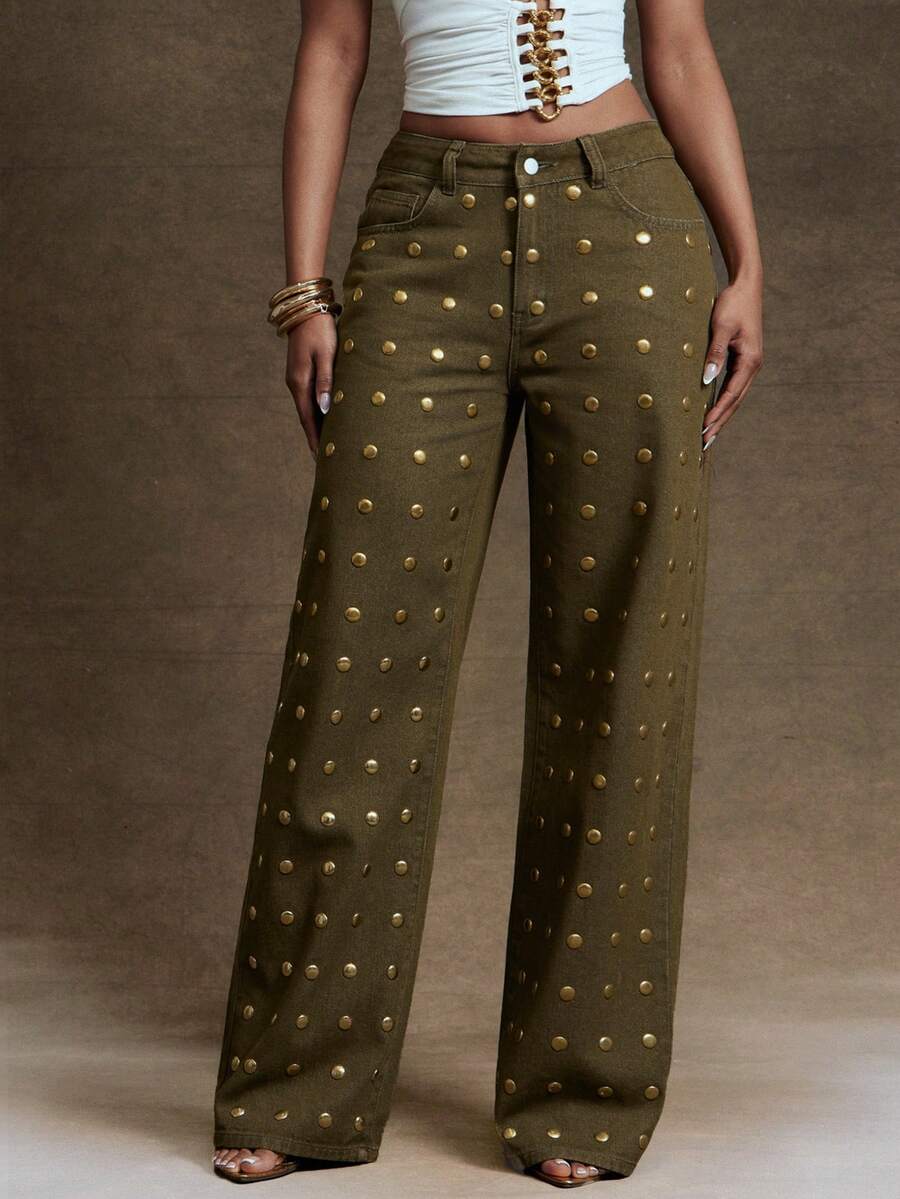 Denimoi Gold Studded Detail Straight Leg Denim Jeans, Fashionable, Fall And Winter - Olive Green - View 1
