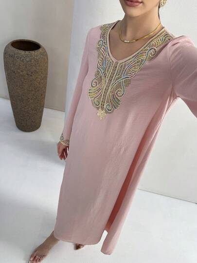 Yasmyna Women's Floral Embroidery Pattern Casual Loose Party & Travel Arabic Style Flare Sleeve Dress