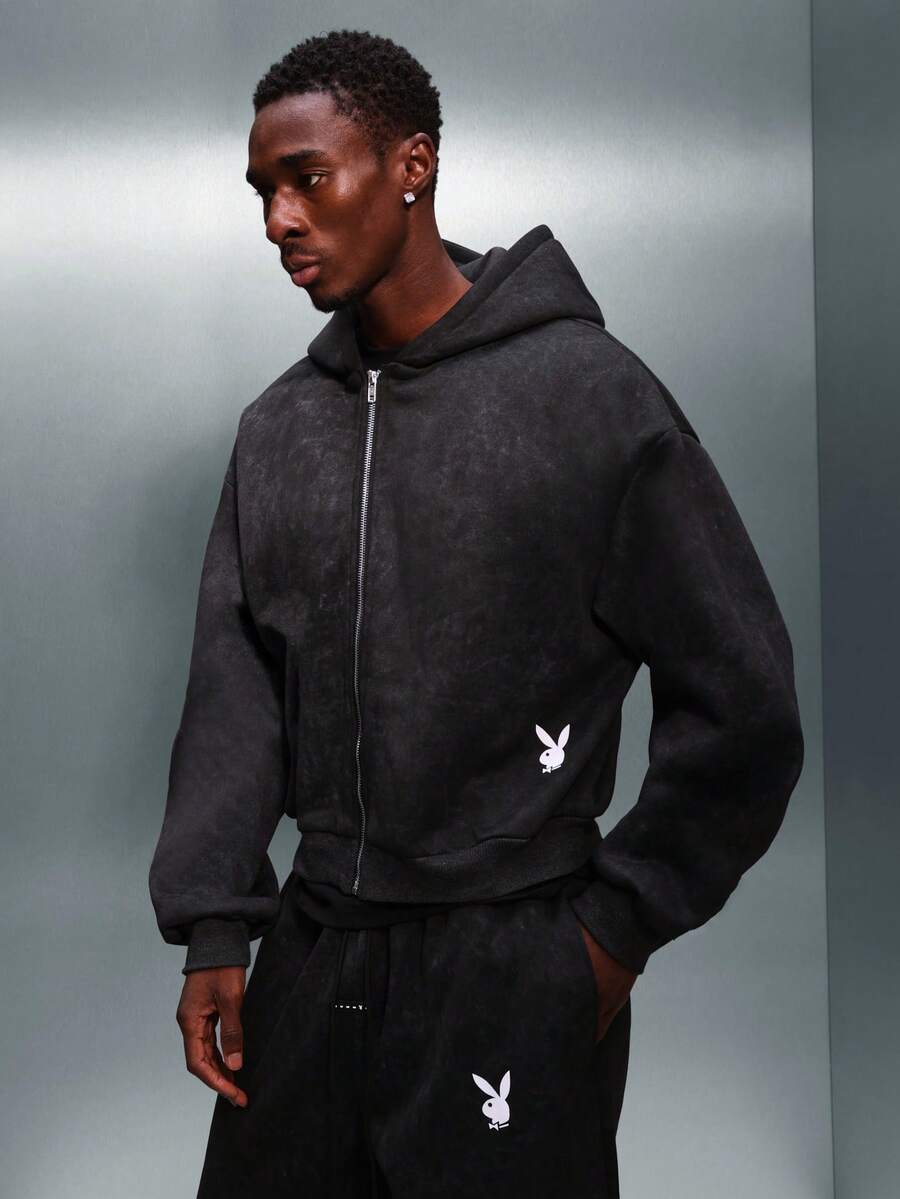 PLAYBOY X SUMWON Acid Washed Zip Through Hoodie With Centre Pocket Vintage Style Comfortable Casual Sweatshirt Winter Streetwear Essential