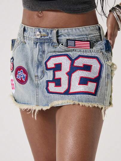 ROMWE Avant Y2K解构牛仔布图案刺绣装饰低腰迷你紧身性感女式牛仔裙