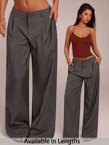 SHEIN PETITE CURVE Plus Size Women's Dark Grey Woven Fabric Casual Long Pants With Zipper Detail - Grey - View 1