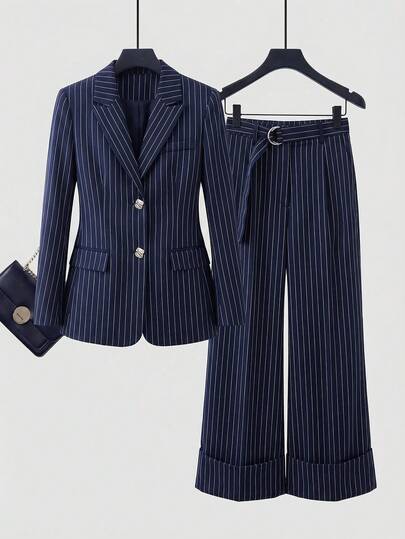 Aveloria Modichic Korean Style Striped Fashionable Elegant Fitted Blazer & Wide Leg Pants Suit For Women