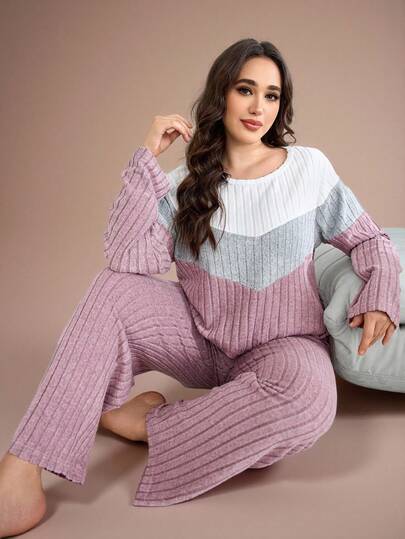 Snug Zone 大码女式针织毛绒拼接宽松上衣和裤子睡衣套装，舒适优雅的细节设计，秋冬服装