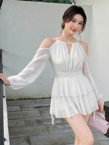 SHEIN PETITE 女士露肩荷叶边雪纺连衣裙