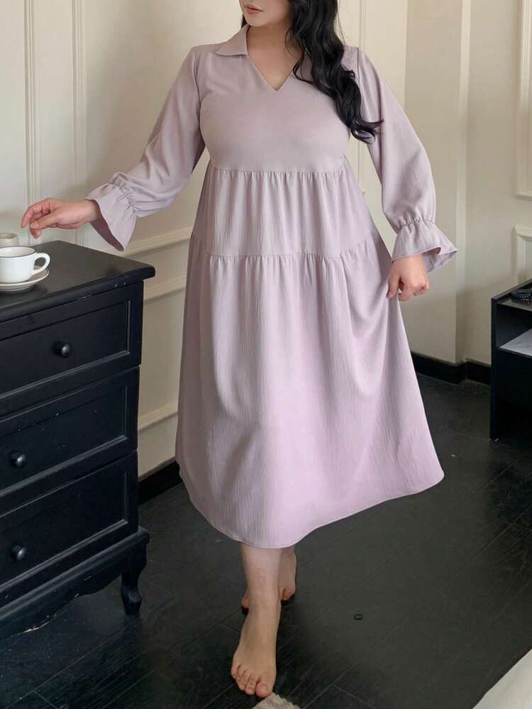Dazy Plus Solid Color Turndown Collar V-Neck Loose Flare Sleeve 3/4 Length Nightgown