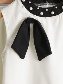 SHEIN 2pcs Tween Girls Elegant Commuter Style Outfit, Beige Camisole Top With Pearl Collar, Detachable Bow, And Wide Leg Pants Set, Suitable For Party, Outing - Apricot - View 4