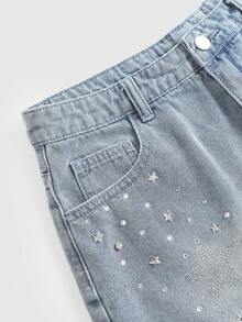 Thời trang nữ tuổi teen, phong cách đường phố, phối đồ đa năng, thiết kế vintage Y2K, cá tính, rộng rãi và thoải mái, họa tiết ngôi sao lấp lánh, kim cương sáng bóng, quần jean ngắn màu xanh denim, trang phục hàng ngày, mùa xuân đến hè, lễ hội và phong cách đường phố. - Màu xanh lam - Xem 4