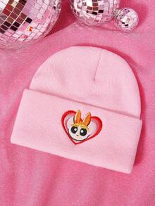 THE POWERPUFF GIRLS X SHEIN 1pc Knitted Beanie Hat With Cartoon Embroidery Pattern, Fashionable Street Riding Gift Choice - A - View 1