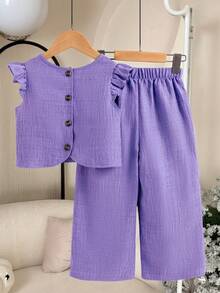 Elladie kids 女童纹理面料短袖纽扣后背T恤和休闲长裤两件套 - 紫色 - 查看 3