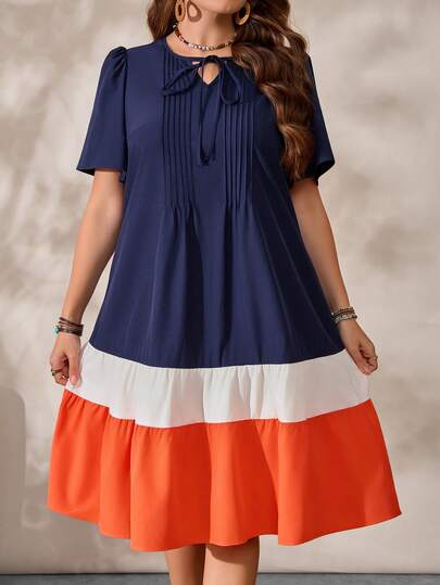 EMERY ROSE Vestido mini de manga corta con cuello de corbata, volantes en el bajo y contraste de color para tallas grandes