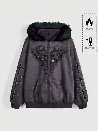 Fairycore Plus Size Women Cross Print Drop Shoulder Long Sleeve Zipper Front Hooded Distressed Sweatshirt