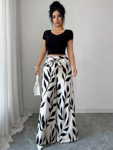 Elenzga Women's Elegant Printed High Waist Loose Wide Leg Pants, Casual Loose High Waist Extra Long Wide Leg Pants, Spring/Summer Fashion Trousers - Apricot - View 4