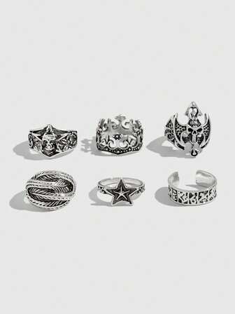 Goth 6 piezas Anillos de estrella punk ajustables, anillos de pareja, regalo festivo