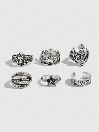 Goth 6 pezzi Anelli regolabili a forma di stella punk, anelli per coppie, regalo per le vacanze