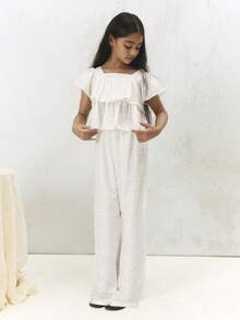 SUMWON Eyelet Anglaise Ruffle Frill Top And Wide Leg Pants Two Piece Co Ord Set Summer Vacation Beach Holiday Outfit Festive Occasionwear