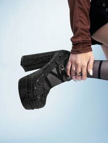 Sugerpunk 女士玛丽珍高跟鞋粗跟防水方头厚底增高鞋 - 靜夜黑色 - 查看 5