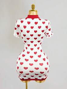 Mistrie Winter New Valentine's Day Heart Print Design Chinese Style Qipao Collar Hollow Out Contrast Trim Ruffle Hem Women Dress,Red Dress For Christmas Party,Women's New Year's Eve Dresses