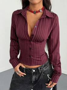 StreetHx Tall Streetwear Women's Striped Long Sleeve Shirt, Spring/Summer - Burgundy - View 1