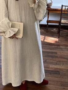 FRIFUL Đầm dài tay cổ chữ V màu trơn bằng vải lanh, tay bồng, dáng suông, thoải mái, thích hợp mặc mùa hè. - trắng - Xem 3