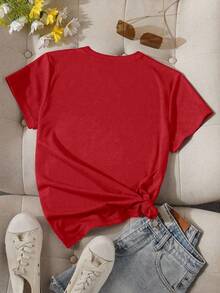 EMERY ROSE Áo thun nữ cỡ lớn in chữ "MILANO ITALY" đính đá lấp lánh, tay ngắn, kiểu dáng thường ngày, chất liệu vải graphic. - Đỏ - Xem 2