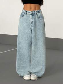 SHEIN PETITE Casual Loose Straight Leg Jeans With Pockets - Light Wash - View 4