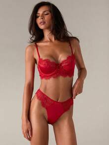 SHEIN BAE 拼接睫毛蕾絲鋼圈內衣套裝 - 紅色 - 查看 5
