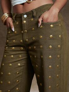 Denimoi Gold Studded Detail Straight Leg Denim Jeans, Fashionable, Fall And Winter - Olive Green - View 2