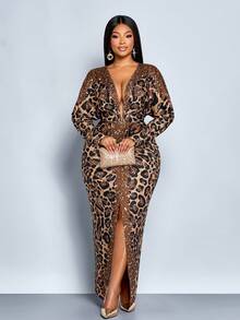 SOLERSUN 大码女式豹纹深V领蝙蝠袖褶皱开衩下摆性感时尚连衣裙，长款连衣裙，长袖腰包及臀部性感长裙，黑色咖啡色不规则渐变豹纹针织面料，前中高开衩，派对礼服，舞会礼服，婚礼宾客礼服，秋冬季，2026，新年 - 金色 - 查看 4