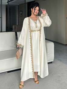 Dazy Plus Elegant Rhinestone Embroidered Decor Loose Maxi Dress With Long Sleeve Jacket, Plus Size Party Dress, Spring/Summer 2-Piece Set - White - View 5
