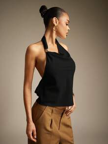 Hauture Sexy Summer Casual Asymmetrical Neck Backless Cowl Top - Black - View 6