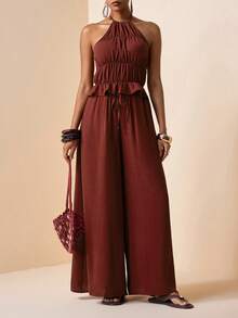 2026 Spring/Summer New Music Festival, Easter, St. Patrick's Day, Valentine's Day, Date, Western, Nomadic Style Women's Halter Neck Ruched Floral Blouse And Wide Leg Pants With Pockets Loose Textured Linen Set - Brown - View 9
