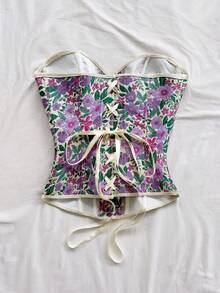 Soleia Vintage Palace Style Colorful Floral Jacquard Print Tube Top With Button And Tie Back Design, Suitable For Vacation Summer Spring Valentine's Day Casual Vacation  Beach Wedding Birthday Going Out Elegant Casual Vacation - Multicolor - View 2