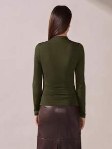 BizChic 女士绿色褶皱领口网纱上衣，百搭实用，适合都市通勤、商务、休闲、约会、婚礼、度假等场合。 - 軍綠色 - 查看 7