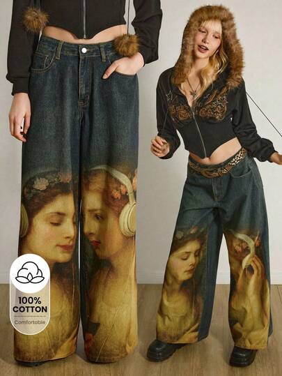 Y2Kool Maria Clara Maia جينز نسائي فضفاض بتأثير غسيل أزرق-أخضر عتيق، مناسب لحفلات الخريف/الشتاء والتجمعات والاستخدام اليومي، بطراز بوهيمي هيبي سحري للنساء في سبعينيات القرن الماضي