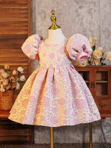 Glamorique Kids 小女孩派对花童礼服，优雅浅粉色提花方领泡泡袖蓬蓬裙甜美公主裙