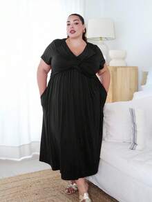 Pretty and Ole Plus Size Casual Solid Color V-Neck Cinched Waist Slant Pocket Sundress For Summer, For Thanksgiving Maxi Women Outfit