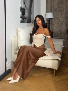 Ronhire 女士优雅百搭缎面半身裙，少女风长裙，斜纹优雅半身裙，女士缎面半身裙，女士夏季长裙，紫色缎面优雅长裙 - 鏽棕色 - 查看 6