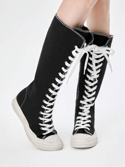 ROMWE Women's Corns Lace-Up Design Fashionable Over-The-Knee Boots, Versatile For Daily Wear Valentine's Day