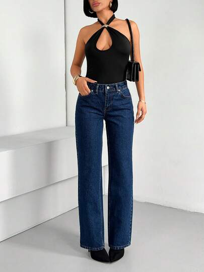 SHEIN Low Waisr Straight Leg Washed Blue Denim Woman Jean