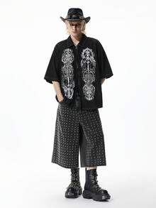 ROMWE MEN Street Life 男士铆钉装饰水洗牛仔短裤 - 深灰色 - 查看 7